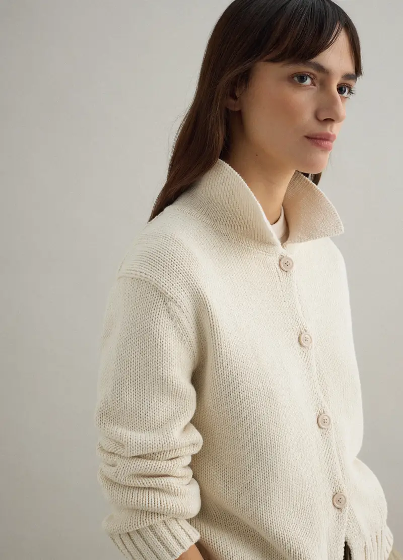 Cardigan Beige In Puro Cotone Regular Fit Con Collo Polo, Donna, Beige miniatura 3