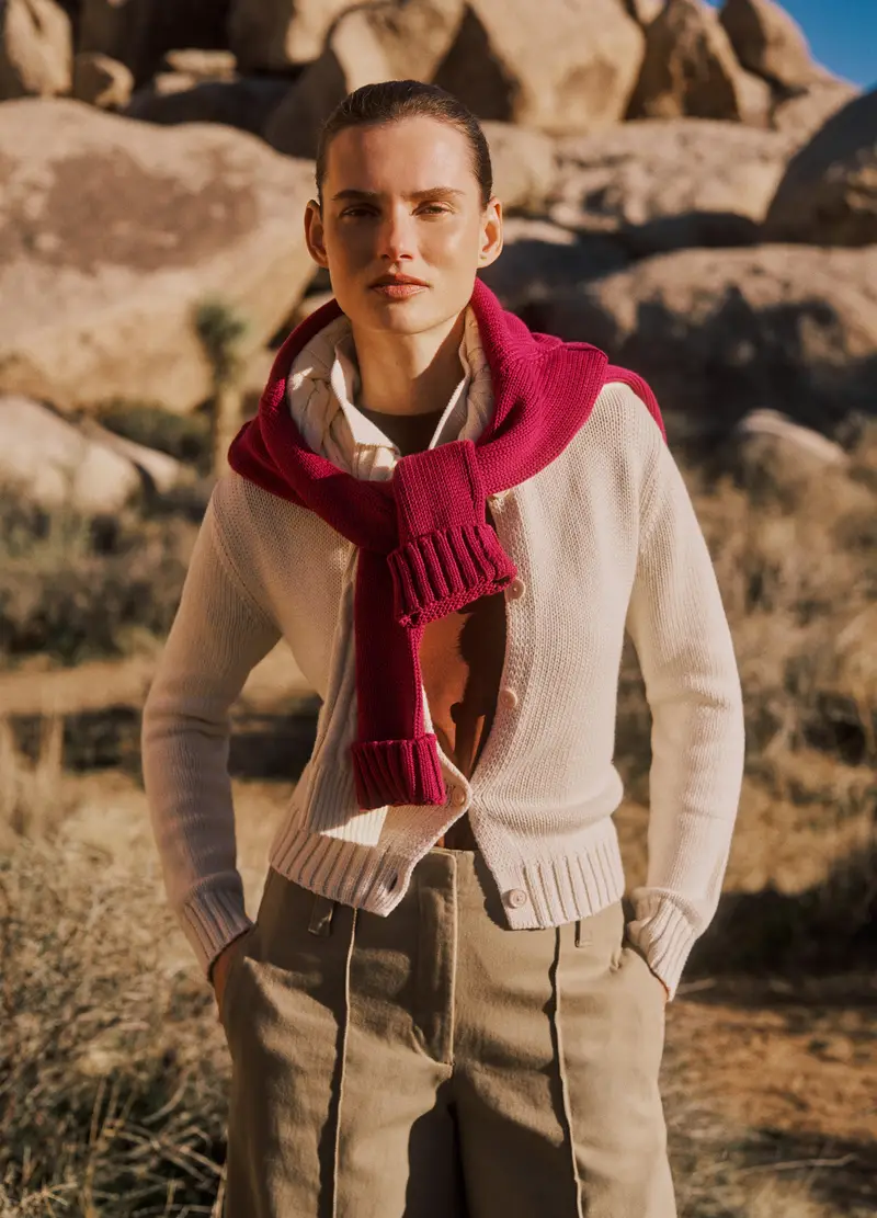 Cardigan Beige In Puro Cotone Regular Fit Con Collo Polo, Donna, Beige