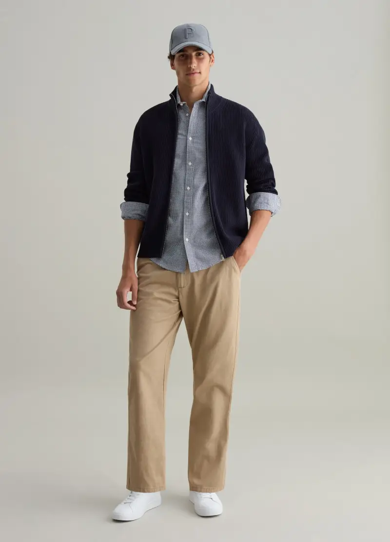 Cardigan Full-zip A Collo Alto In Puro Cotone, Uomo, Blu