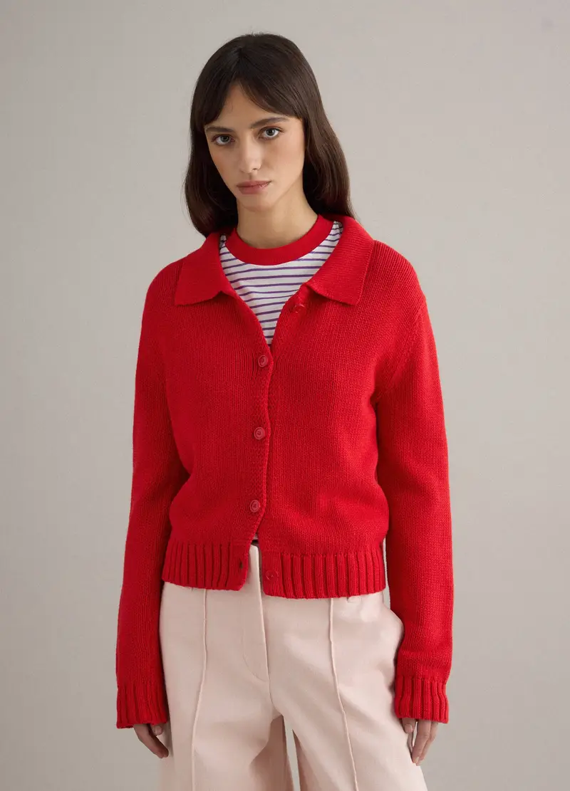 Cardigan Rosso In Puro Cotone Regular Fit Con Collo Polo, Donna, Rosso miniatura 3