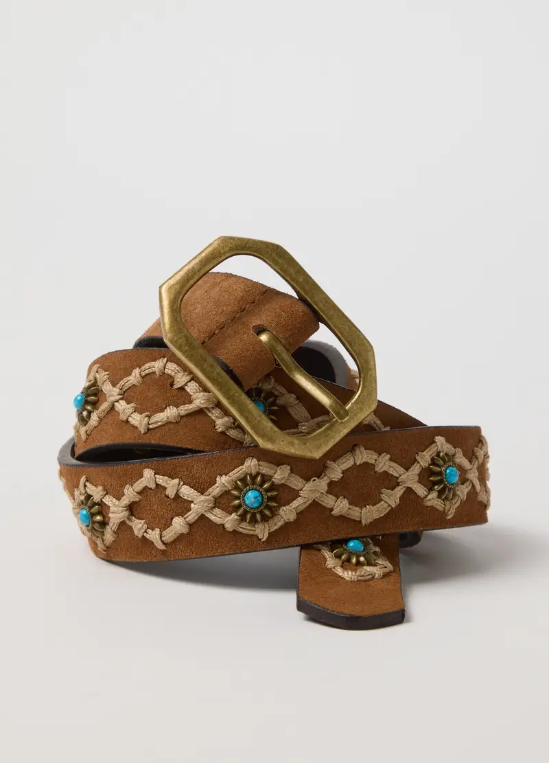 Cintura In Vera Pelle Multicolor Con Ricami E Fibbia Dorata, Donna, Multicolor miniatura 3