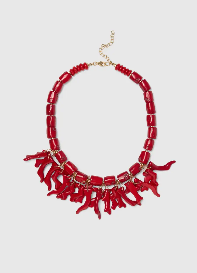 Collana In Resina Rossa Con Ciondoli A Forma Di Coralli, Donna, Rosso