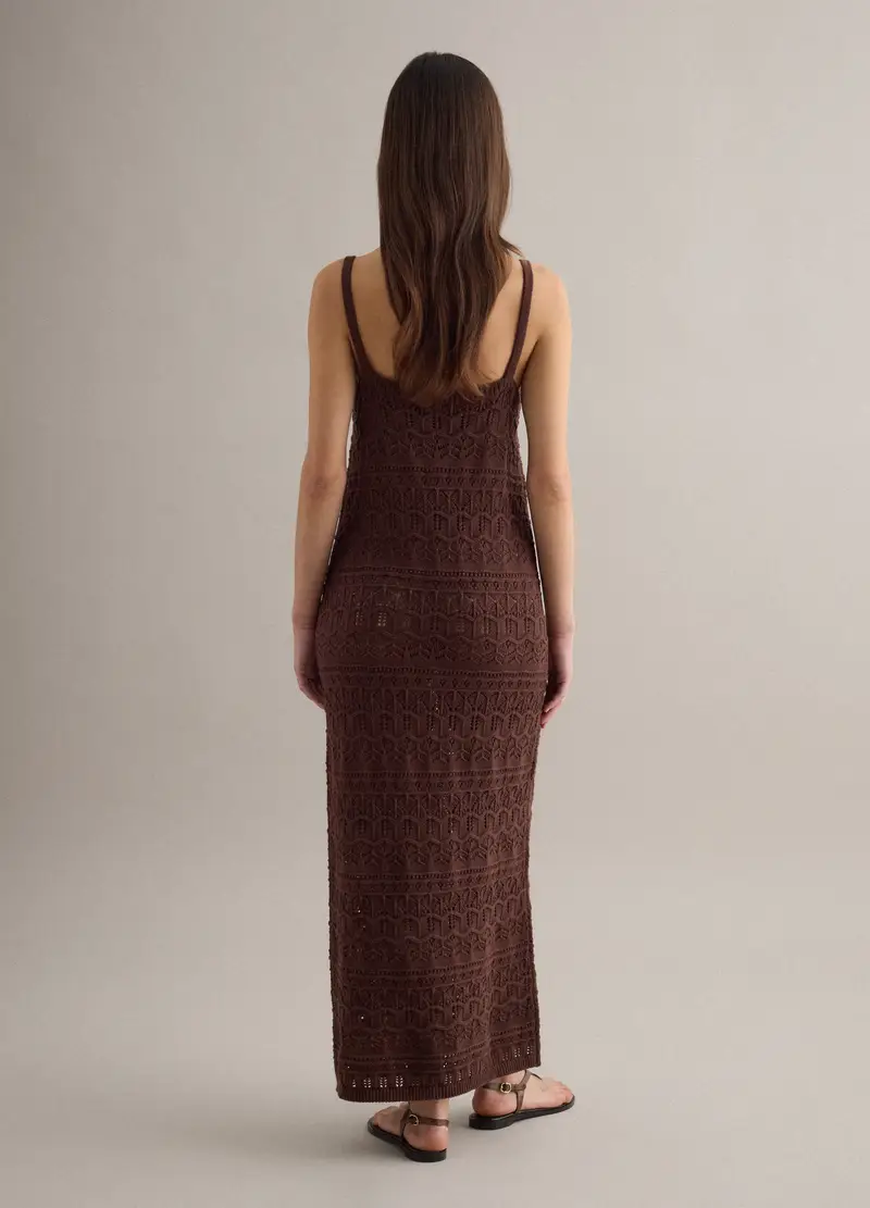 Abito Lungo Marrone In Crochet Di Puro Cotone Slim Fit, Donna, Marrone miniatura 3