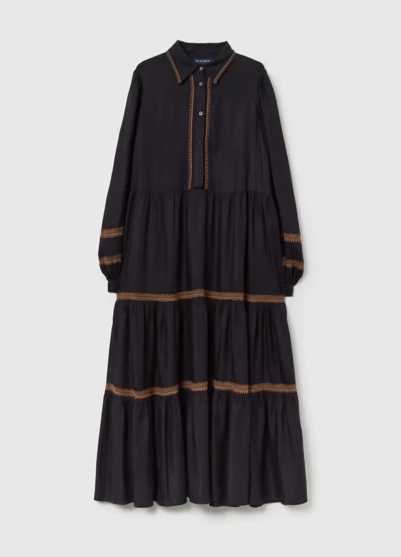 Abito Lungo Nero Regular Fit Con Dettagli Ricamati, Donna, Nero