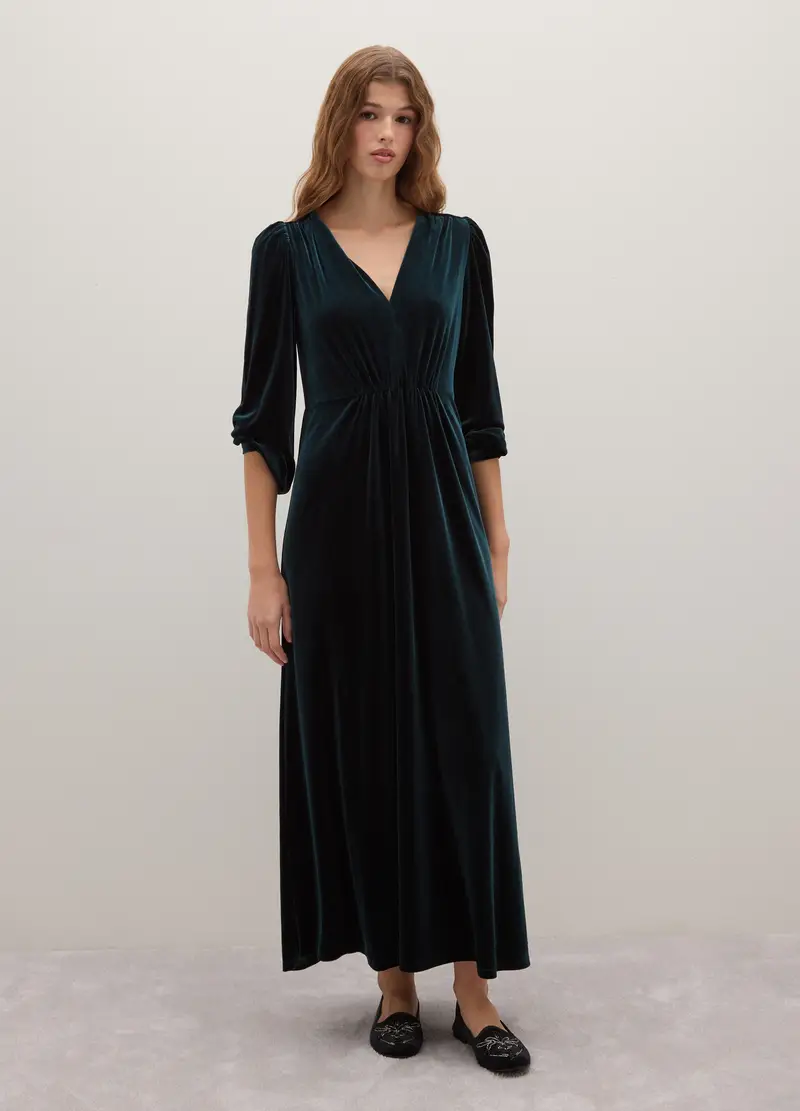 Abito Lungo Verde Con Scollo A V, Donna, Verde miniatura 2