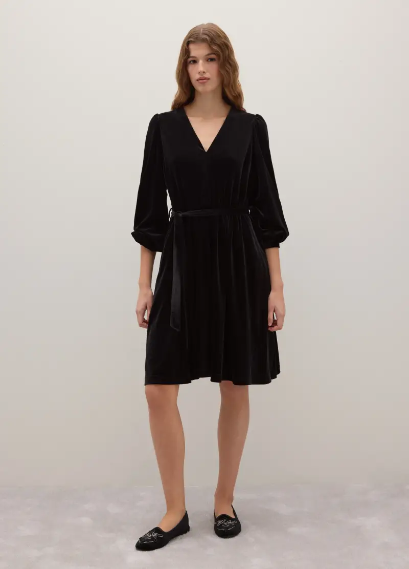 Abito Nero Regular Fit Con Cintura, Donna, Nero miniatura 3