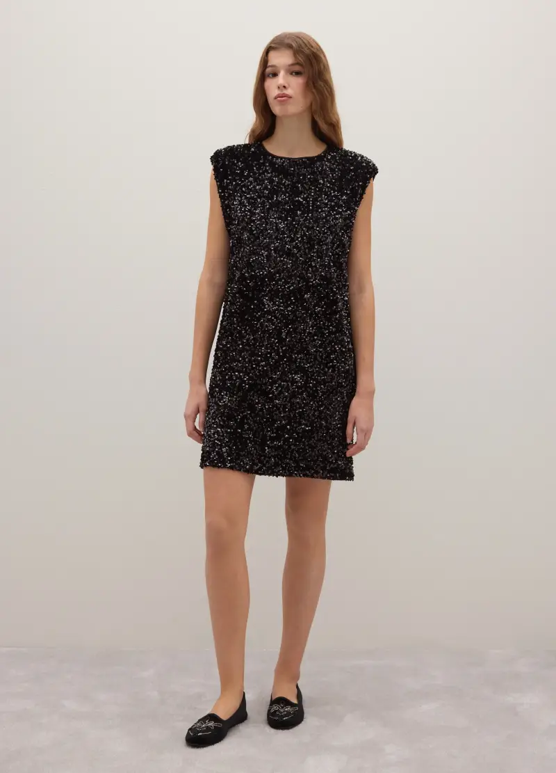 Abito Nero Senza Maniche Regular Fit Con Paillettes, Donna, Nero