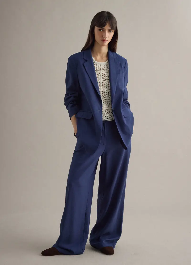 Blazer In Misto Viscosa E Lino Blu Regular Fit, Donna, Blu miniatura 2