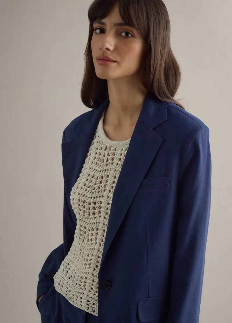 Blazer In Misto Viscosa E Lino Blu Regular Fit, Donna, Blu