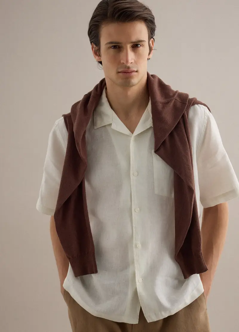 Camicia A Maniche Corte In Puro Lino Bianca Regular Fit, Uomo, Bianco