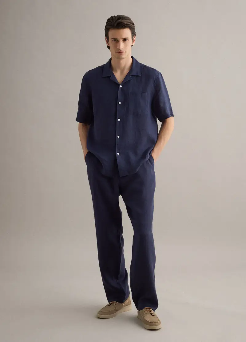 Camicia A Maniche Corte In Puro Lino Blu Regular Fit Con Taschino, Uomo, Blu miniatura 2