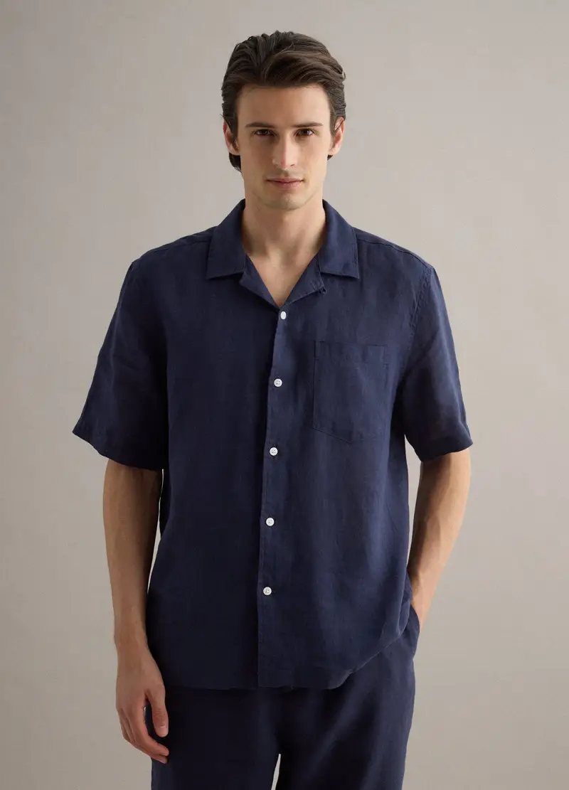 Camicia A Maniche Corte In Puro Lino Blu Regular Fit Con Taschino, Uomo, Blu