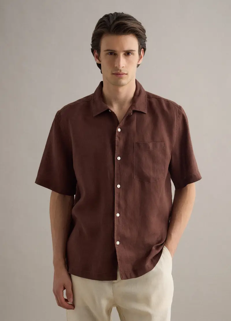 Camicia A Maniche Corte In Puro Lino Marrone Regular Fit, Uomo, Marrone miniatura 2