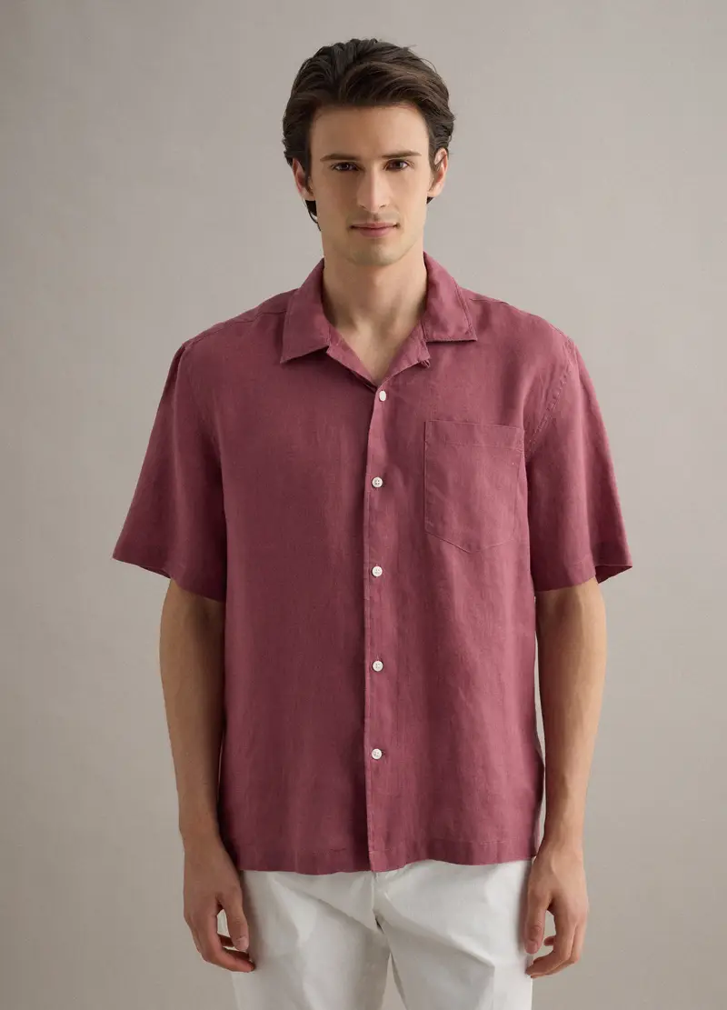 Camicia A Maniche Corte In Puro Lino Rosa Regular Fit Con Taschino, Uomo, Rosa