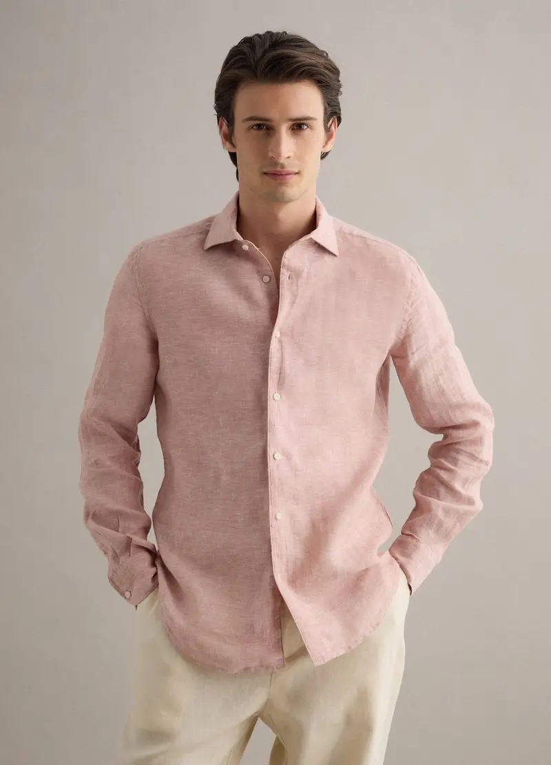 Camicia A Maniche Lunghe In Puro Lino Rosa Slim Fit, Uomo, Rosa