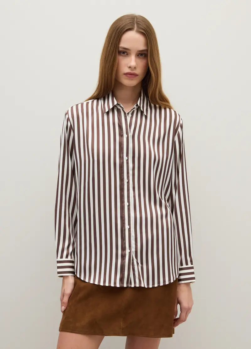 Camicia A Righe Bianche E Marroni Regular Fit, Donna, Multicolor miniatura 3