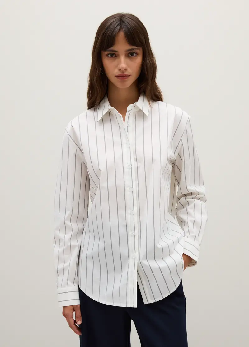 Camicia Bianca A Righe In Tessuto Elasticizzato, Donna, Bianco miniatura 2