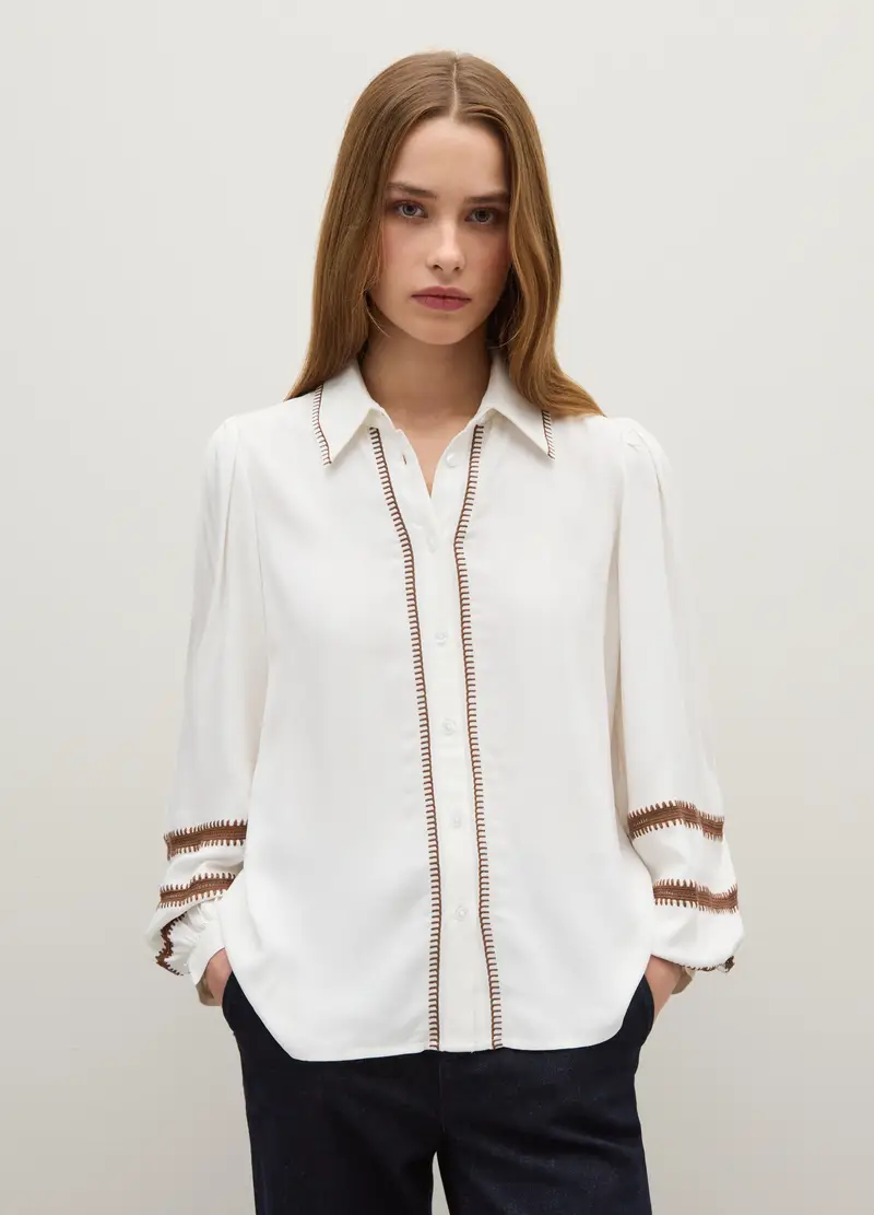 Camicia Bianca Regular Fit Con Dettagli Ricamati, Donna, Bianco miniatura 3