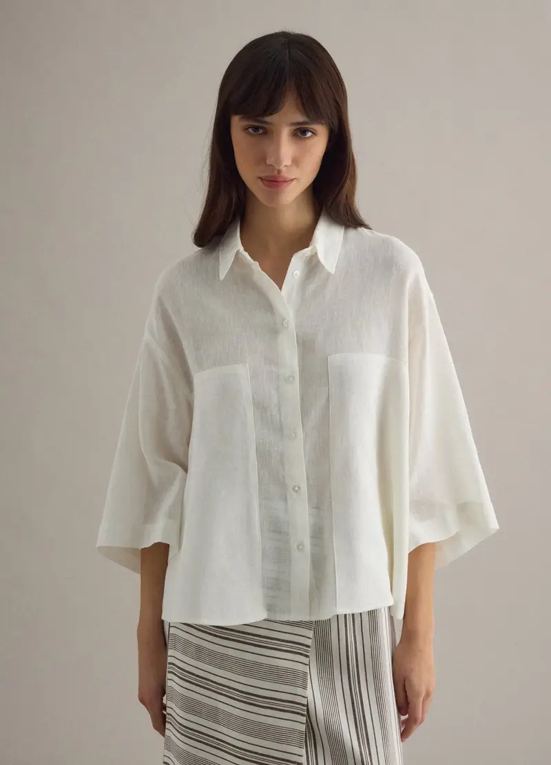 Piombo Contemporary Camicia In Misto Lino Bianca Oversize Fit, Donna, Bianco miniatura 3