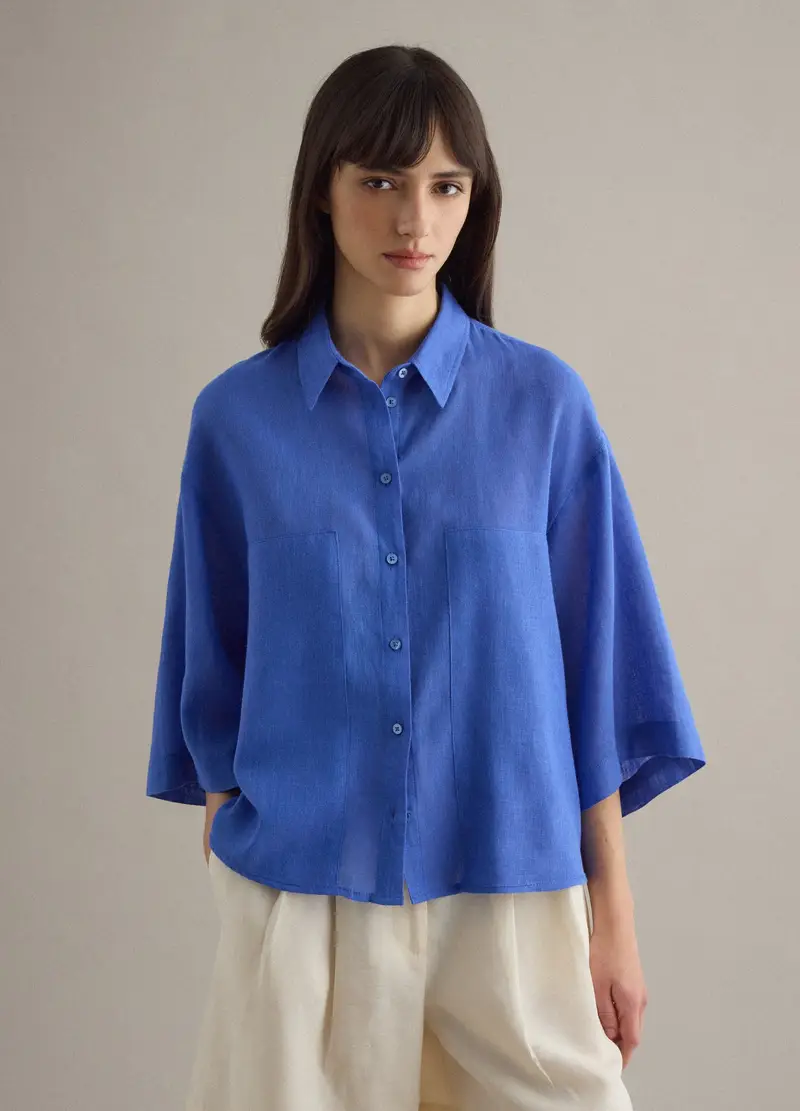 Piombo Contemporary Camicia In Misto Lino Blu Oversize Fit, Donna, Blu miniatura 3