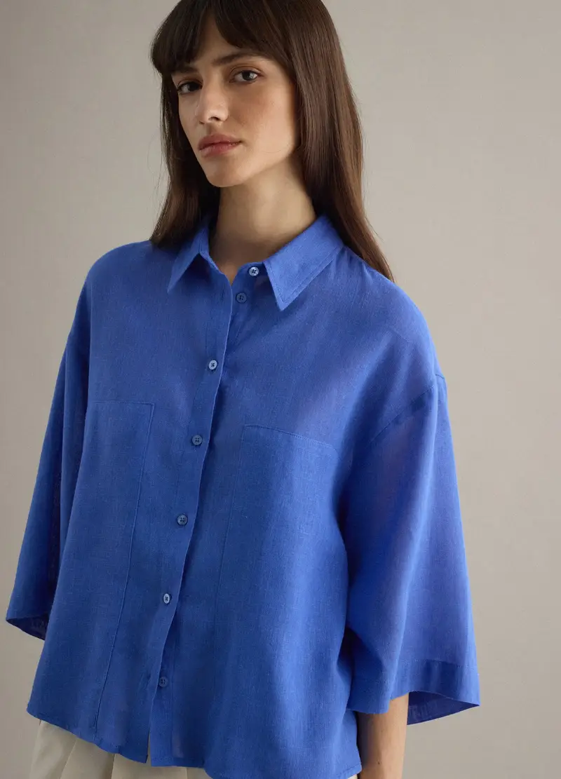 Camicia In Misto Lino Blu Oversize Fit, Donna, Blu