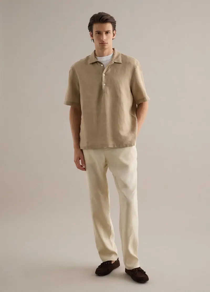Camicia In Puro Lino Beige Regular Fit Con Collo Bowling, Uomo, Beige miniatura 2