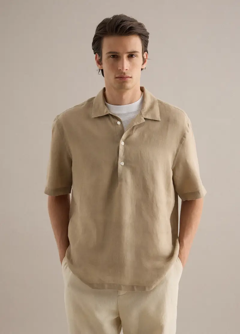 Camicia In Puro Lino Beige Regular Fit Con Collo Bowling, Uomo, Beige miniatura 3