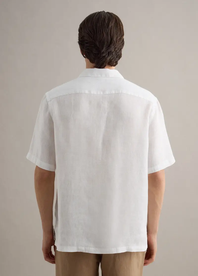 Camicia In Puro Lino Bianca Regular Fit Con Collo Bowling, Uomo, Bianco miniatura 3