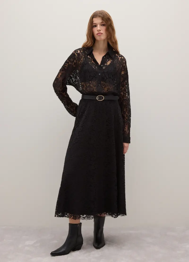 Camicia Nera In Pizzo Trasparente Regular Fit, Donna, Nero miniatura 2