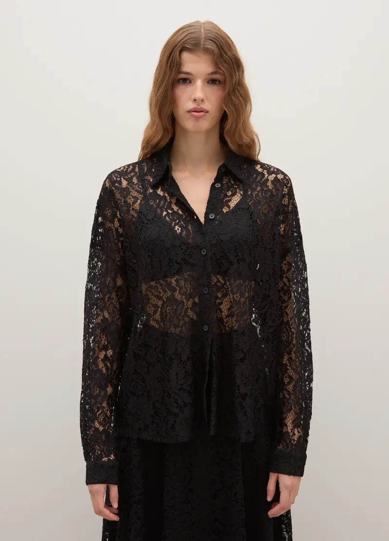 Camicia Nera In Pizzo Trasparente Regular Fit, Donna, Nero miniatura 3