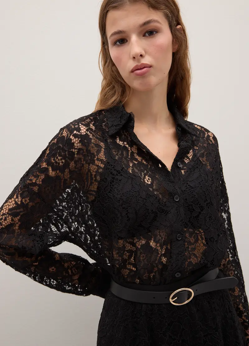 Camicia Nera In Pizzo Trasparente Regular Fit, Donna, Nero