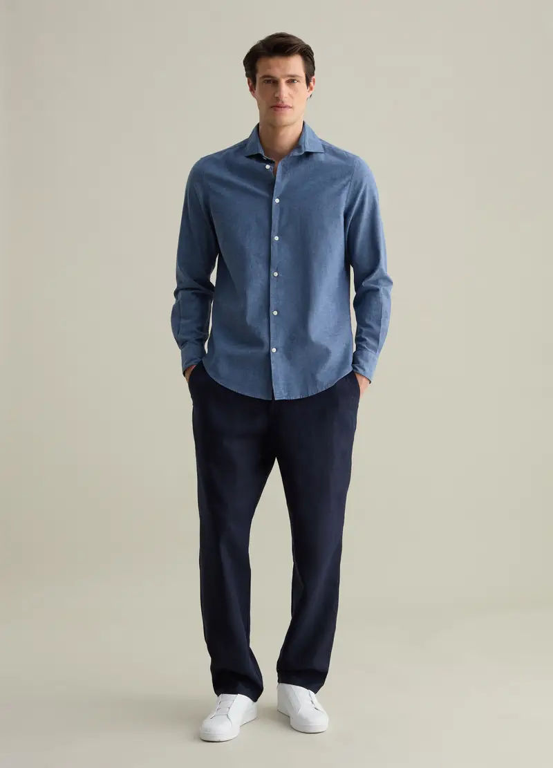 Camicia Regular Fit In Cotone E Lino, Uomo, Blu miniatura 2
