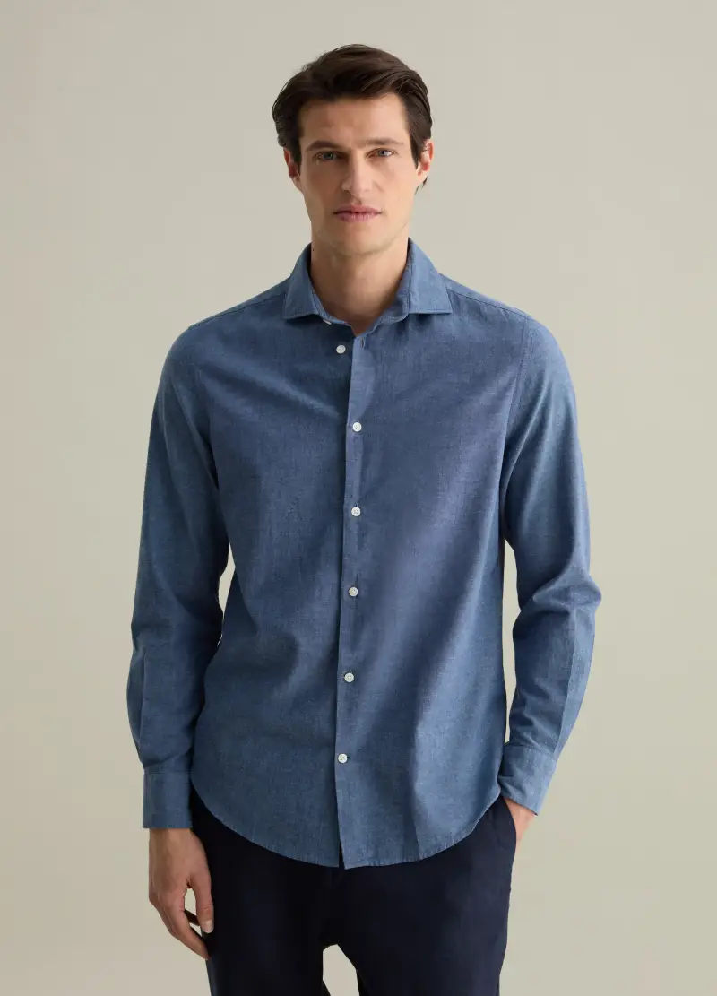 Camicia Regular Fit In Cotone E Lino, Uomo, Blu