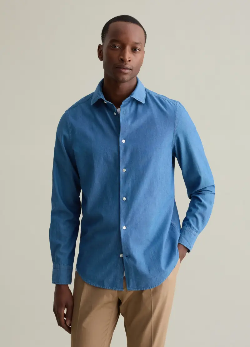 Camicia Regular Fit In Denim Chambray, Uomo, Denim