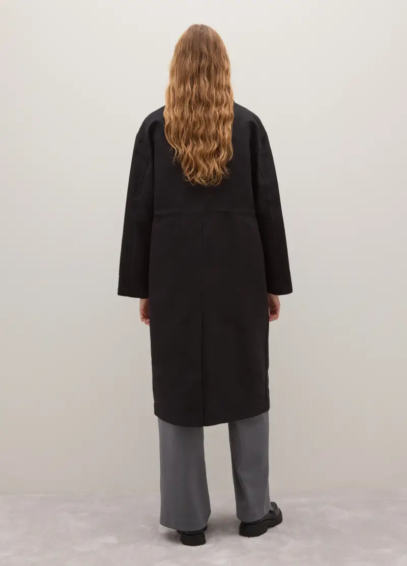 Cappotto Lungo Nero In Misto Cotone Regular Fit, Donna, Nero miniatura 3