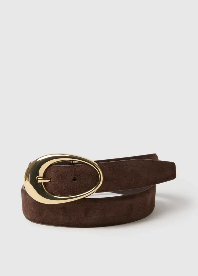 Cintura In Vera Pelle Marrone Con Fibbia Dorata, Donna, Marrone miniatura 3