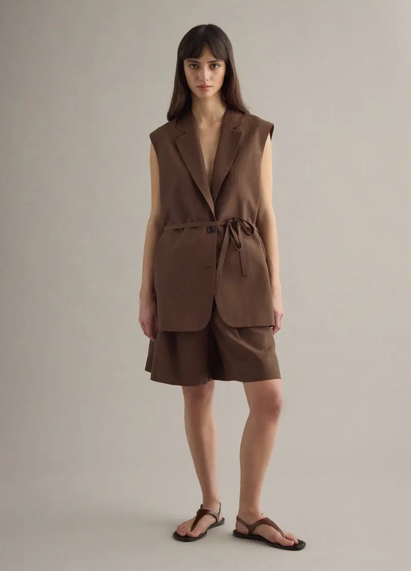 Gilet In Misto Lyocell E Lino Marrone Regular Fit Con Cintura, Donna, Marrone miniatura 2