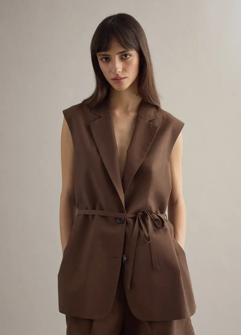 Gilet In Misto Lyocell E Lino Marrone Regular Fit Con Cintura, Donna, Marrone miniatura 3
