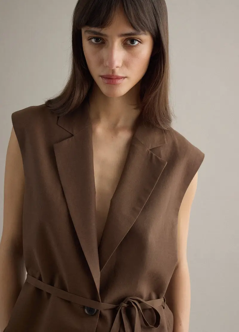 Gilet In Misto Lyocell E Lino Marrone Regular Fit Con Cintura, Donna, Marrone