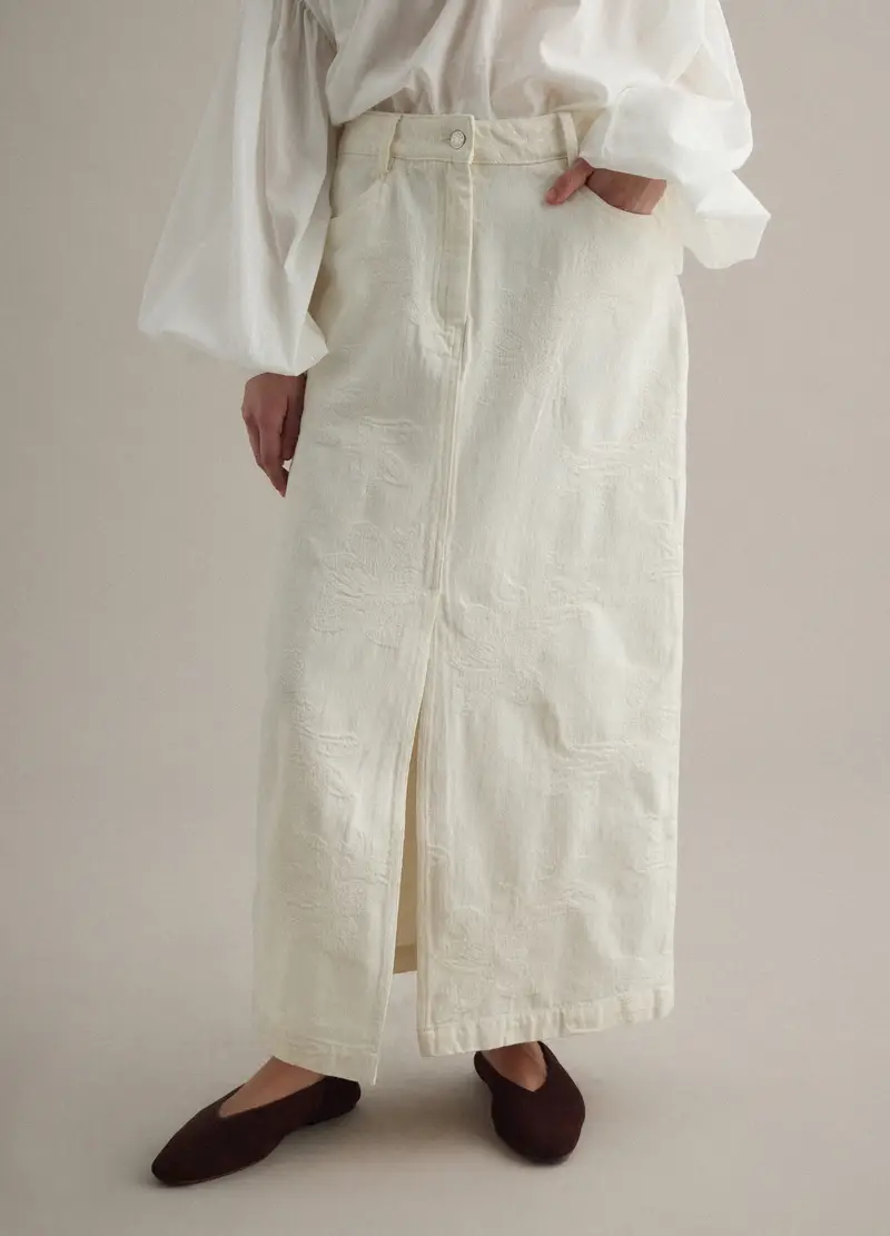 Gonna Lunga In Puro Cotone Bianca Regular Fit Con Fascia Elastica, Donna, Bianco miniatura 3