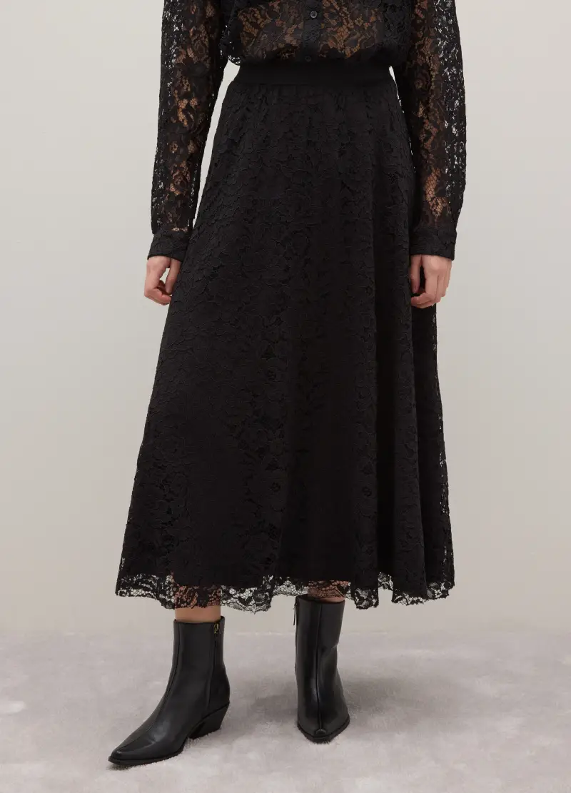 Gonna Lunga Nera In Pizzo Trasparente, Donna, Nero miniatura 3