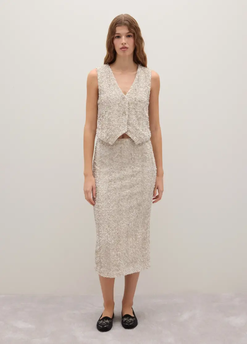 Gonna Midi Beige Regular Fit Con Paillettes, Donna, Beige