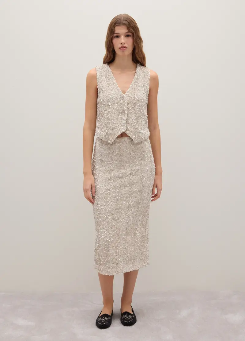 Gonna Midi Beige Regular Fit Con Paillettes, Donna, Beige