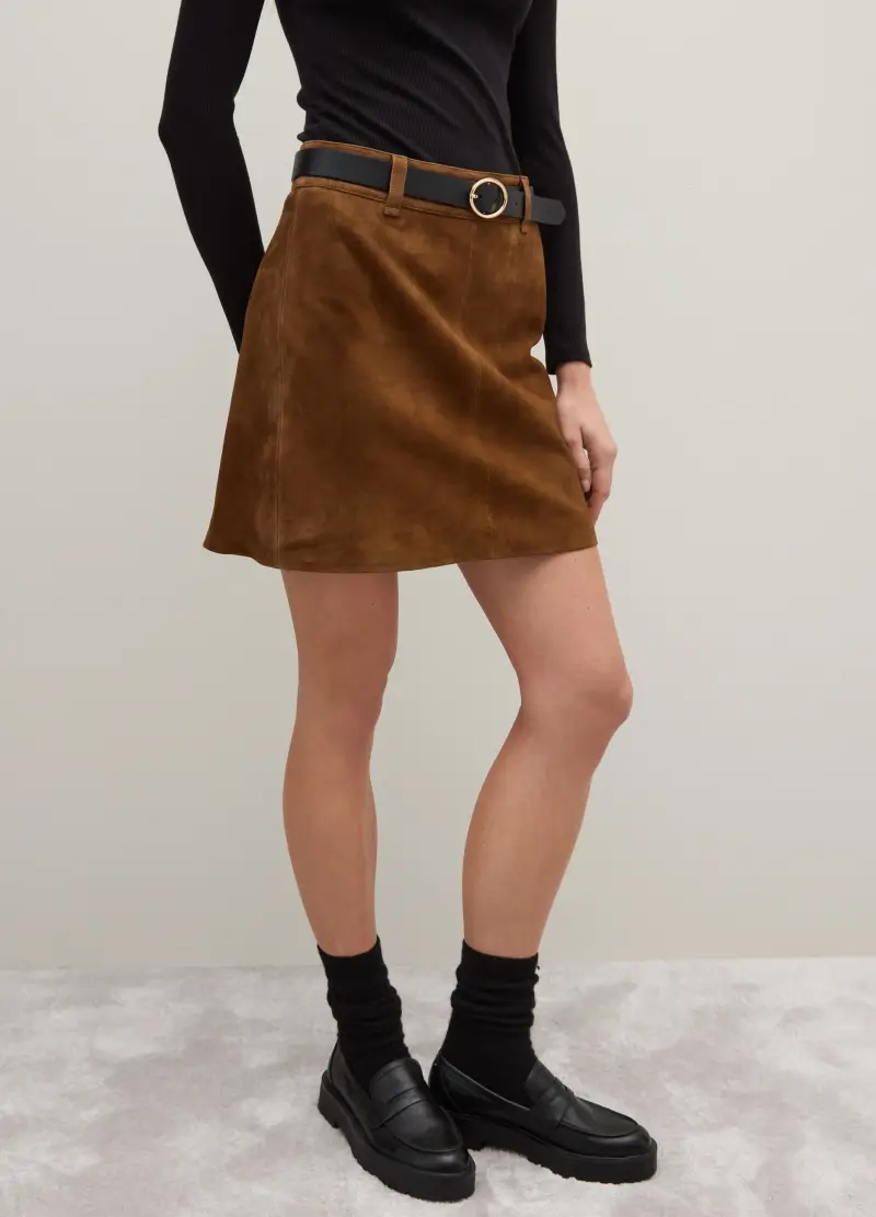 Gonna Mini In Vera Pelle Scamosciata, Donna, Marrone miniatura 2