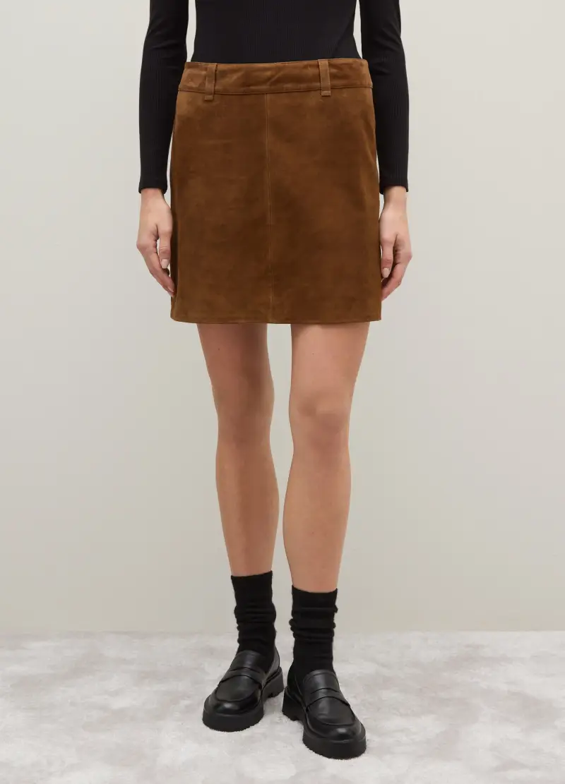 Gonna Mini In Vera Pelle Scamosciata, Donna, Marrone miniatura 3