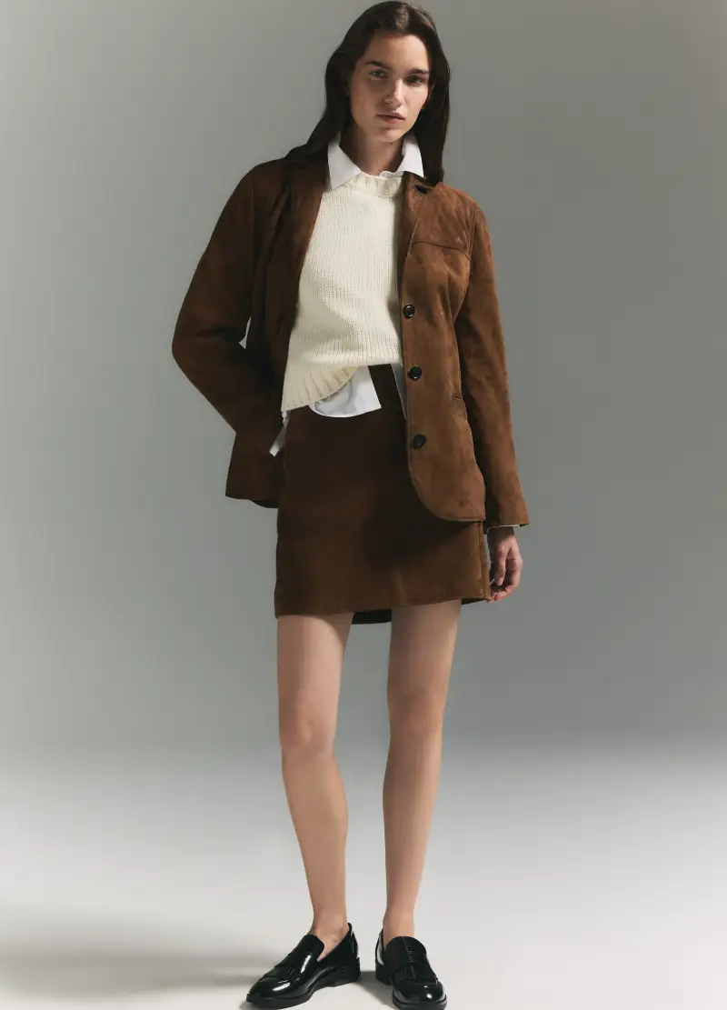 Gonna Mini In Vera Pelle Scamosciata, Donna, Marrone