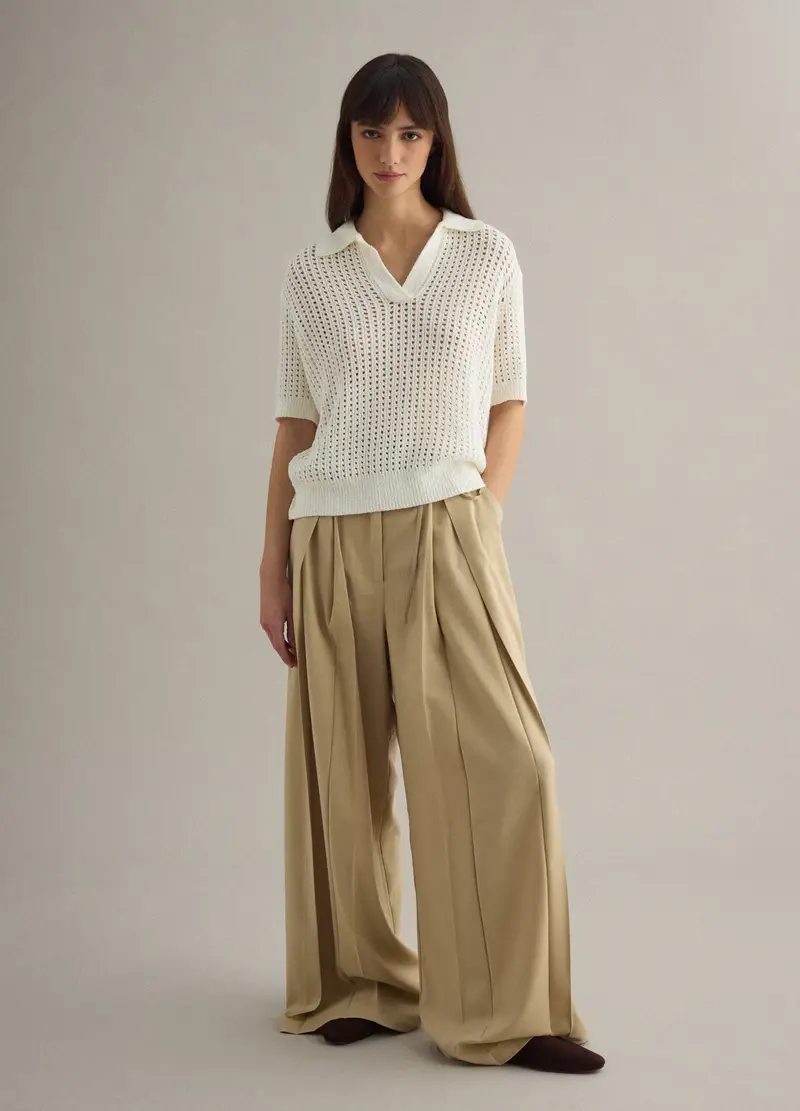 Maglia Traforata In Misto Cotone Bianca Regular Fit Con Collo Polo, Donna, Bianco miniatura 2