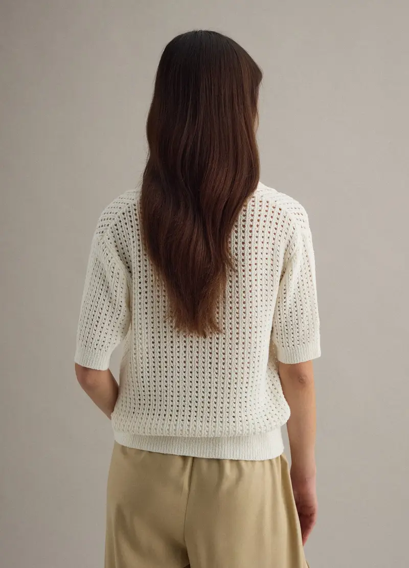 Maglia Traforata In Misto Cotone Bianca Regular Fit Con Collo Polo, Donna, Bianco miniatura 3