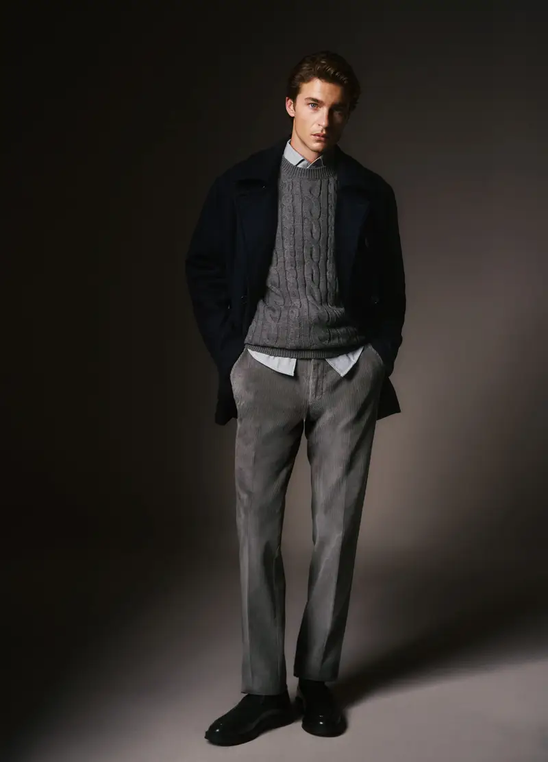 Maglione Girocollo Grigio Scuro Con Lavorazione A Trecce In Misto Lana, Uomo, Grigio