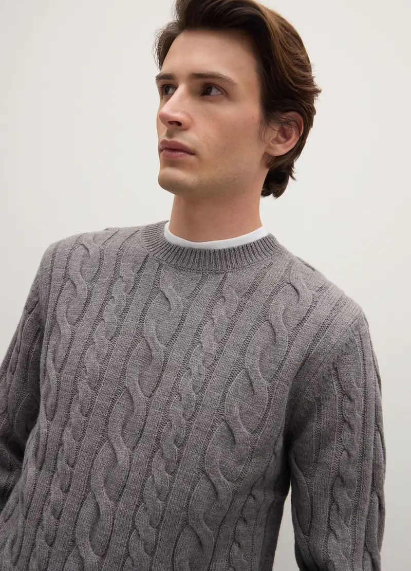 Maglione Girocollo Grigio Scuro Con Lavorazione A Trecce In Misto Lana, Uomo, Grigio miniatura 2